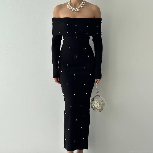 Women's Elegant Off-Shoulder Knit Maxi Dress With Pearl Decoration Long Sleeve Bodycon Party Evening Dress For Ladies Sexy Slim Fit Knitted Gown