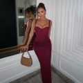 Women Sexy Lace Patchwork Deep V Neck Backless Maxi Dress Wine Red Sleeveless Ruched Bodycon Party Evening Clubwear Long Dress