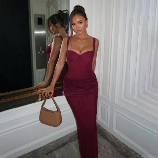 Women Sexy Lace Patchwork Deep V Neck Backless Maxi Dress Wine Red Sleeveless Ruched Bodycon Party Evening Clubwear Long Dress