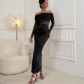 Women Sexy Off-Shoulder Lace Patchwork Maxi Dress Elegant Long Sleeve Bodycon Fish Tail Evening Party Dress Slim Fit Black Clubwear Long Dress