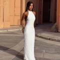 Sexy Halter Backless Maxi Dress For Women Elegant Solid White Textured Fabric Sleeveless Slim Fit Bodycon Long Dress For Summer Vacation Party Gala Evening