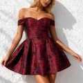 Women's Sexy Off-The-Shoulder Jacquard Mini Dress Backless Slim Fit Puffy A-Line Short Dress For Party Banquet Elegant Retro Wine Red Jacquard Floral Dress