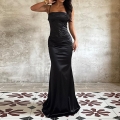 Elegant Sexy Backless Satin Spaghetti Strap Evening Gown High Waist V-Neck Fishtail Maxi Dress for Women Wedding Party Formal Banquet Dress