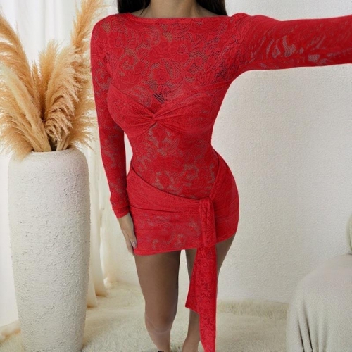 Sexy Lace Long Sleeve Mini Dress For Women Bodycon Slim Fit Party Club Dress With Knot Detail And Ribbon Ties Hollow Out Polyester Spandex Lace Dress