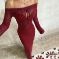 Women's Sexy Off Shoulder Lace Splicing Maxi Dress Long Sleeve Hollow Out Bodycon High Slit Evening Party Cocktail Dress Elegant Slim Fit Wine Red Clubwear