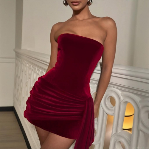 Women Sexy Strapless Velvet Mini Dress Ruched Side Draping Bodycon Slim Fit Evening Party Nightclub Cocktail Dress Burgundy Red