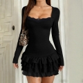 Sexy Black Square Neck Lace Patchwork Mini Dress Women Long Sleeve High Waist Slim Fit Ruffle Hem Tiered Clubwear Party Evening Dress