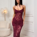 Sexy Lace Maxi Dress Women Off Shoulder See-Through Bodycon High Slit Evening Party Dress Elegant Rose Floral Ruched Polyester Spandex Long Dress