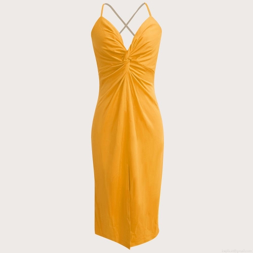 Sexy Backless Slit Midi Dress Elegant Cross Strap Chest Knot Bodycon Evening Party Club Cami Dresses For Women