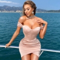 Women Sexy Off Shoulder Satin Ruched Mini Dress Cross Front Sleeveless Slim Fit Back Zipper Party Banquet Evening Clubwear Dress Champagne Pink