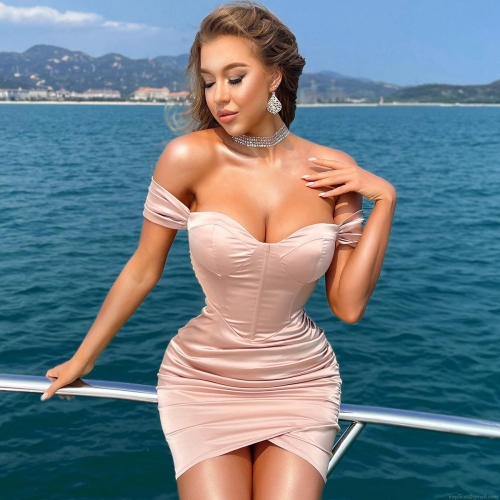 Women Sexy Off Shoulder Satin Ruched Mini Dress Cross Front Sleeveless Slim Fit Back Zipper Party Banquet Evening Clubwear Dress Champagne Pink