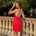 Women Sexy Red Halter Backless Mini Dress Satin Polyester Spandex Deep V Neck Lapel Bodycon Slim Fit Party Club Cocktail Summer Streetwear Short Dress