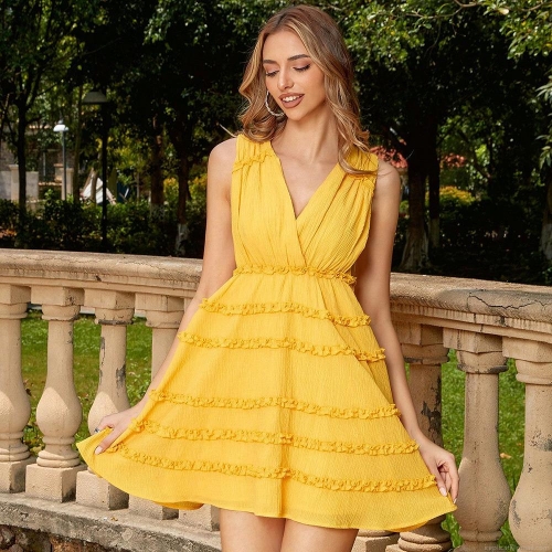 Women's Sexy Deep V Neck Ruffle Layered Mini Dress Sleeveless Backless Textured Polyester Spandex Sundress For Summer Vacation Party Gentle Style Yellow Chic Dress