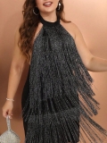 Sexy Plus Size Halter Tassel Mini Dress For Women Glitter Silver Fringe Backless Bodycon Party Club Evening Dress Polyester Spandex High Stretch