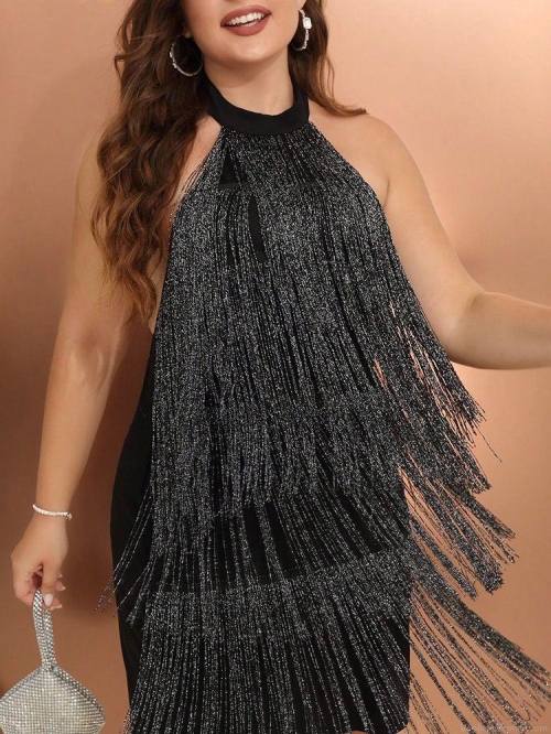 Sexy Plus Size Halter Tassel Mini Dress For Women Glitter Silver Fringe Backless Bodycon Party Club Evening Dress Polyester Spandex High Stretch