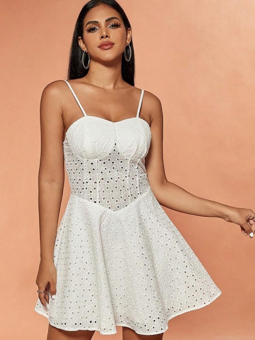 Women Sexy White Eyelet Lace Cami Dress 100% Polyester Hollow Out Embroidery Mini A-Line Party Summer Sundress For Women