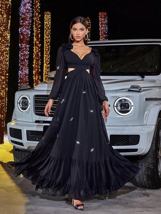 Women's Elegant V-Neck Long Sleeve Chiffon Maxi Dress Sexy Waist Cutout Sparkling Butterfly Rhinestone Evening Party Gown With Ruffle Hem