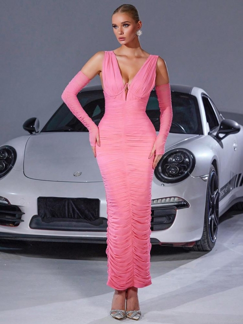 Women's Sexy Ruched Pink Maxi Dress Set With Matching Long Gloves Deep V Neck Side Slit Bodycon Evening Party Dress Milk Silk Polyester Spandex Long Gown