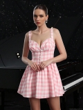 Women's Sweet Pink White Gingham Plaid Camisole Mini Dress Lace Trim Sweetheart Neck Button Front A-Line Summer Casual Party Backless Dress