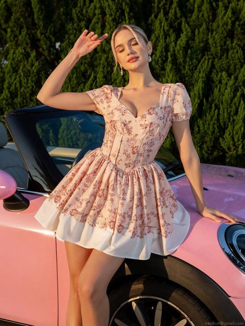 Women Sexy Pink Floral Puff Sleeve Mini Dress V Neck Corset Waist A-Line Polyester Summer Vacation Holiday Party Short Dress For Lady