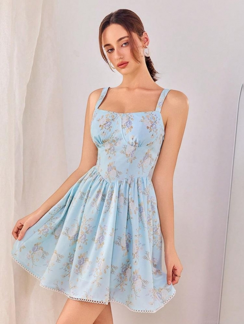 Women's Sexy Backless Floral Mini Strap Dress Summer Beach Vacation Lace Trim Adjustable Straps Sweetheart Neck A-Line Sleeveless Polyester Dress