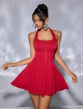 Women's Elegant Red Halter Neck Backless Dress Sexy Slim Fit A-Line Flare Hem Mini Dress For Party Evening Cocktail Solid Color 100% Polyester Woven Fabric
