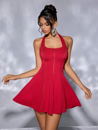 Women's Elegant Red Halter Neck Backless Dress Sexy Slim Fit A-Line Flare Hem Mini Dress For Party Evening Cocktail Solid Color 100% Polyester Woven Fabric