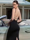 Sexy Backless Halter Maxi Dress For Women Elegant Pearl Patchwork Split Party Evening Dress Slim Fit Bodycon Summer Fishtail Dress Black