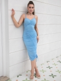 Sexy Ruched Bodycon Camisole Dress Women Deep V Neck Sleeveless Drawstring Backless Midi Party Dress Summer Polyester Spandex Slim Fit Pencil Skirt