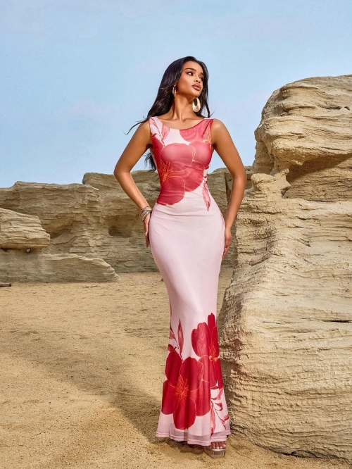 Elegant Floral Print Backless Halter Maxi Dress For Women Summer Vacation Party Slim Fit High Waist Sleeveless Mesh Polyester Spandex Long Dress