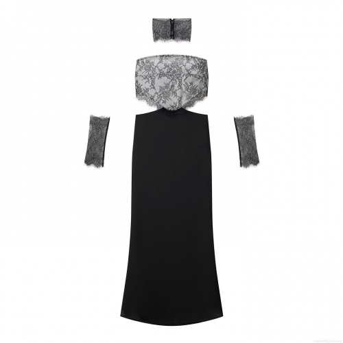 Women's Sexy Backless Lace Stitching Tube Top Maxi Dress with Choker and Sleeves Slim Fit Elegant Evening Party Banquet Long Dress