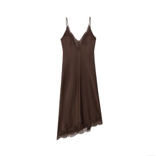 Women's Satin Lace Trim Cami Dress Sexy V Neck Asymmetrical Hem Mini Dress For Party Evening Club Elegant Solid Coffee Brown Sleeveless Slip Dress