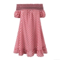 Women's Red White Gingham Off-The-Shoulder Mini Dress With Ruffle Hem Smocked Bust Puff Sleeve Summer Casual A-Line Short Dress For Women