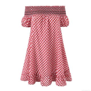 Women's Red White Gingham Off-The-Shoulder Mini Dress With Ruffle Hem Smocked Bust Puff Sleeve Summer Casual A-Line Short Dress For Women