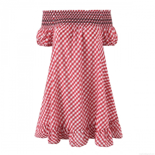 Women's Red White Gingham Off-The-Shoulder Mini Dress With Ruffle Hem Smocked Bust Puff Sleeve Summer Casual A-Line Short Dress For Women