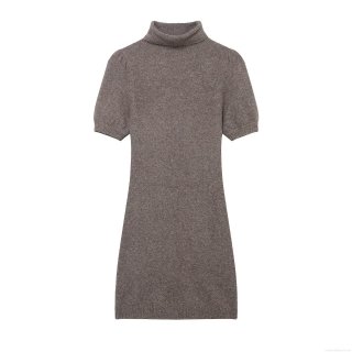 Women Elegant Mock Neck Short Puff Sleeve Knitted Mini Dress Solid Color Slim Fit Bodycon Sweater Dress For Daily Party Fall Winter