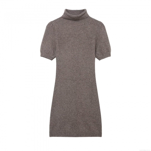 Women Elegant Mock Neck Short Puff Sleeve Knitted Mini Dress Solid Color Slim Fit Bodycon Sweater Dress For Daily Party Fall Winter