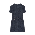 Women's Elegant Navy Blue Tweed Short Sleeve Mini Dress With Belt Gold Buttons Round Neck A-Line Slim Fit Celebrity Style Dress For Dating Party Women Clothing