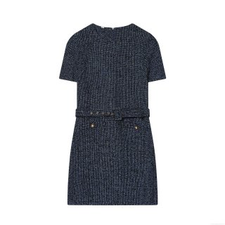 Women's Elegant Navy Blue Tweed Short Sleeve Mini Dress With Belt Gold Buttons Round Neck A-Line Slim Fit Celebrity Style Dress For Dating Party Women Clothing