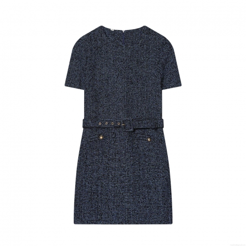 Women's Elegant Navy Blue Tweed Short Sleeve Mini Dress With Belt Gold Buttons Round Neck A-Line Slim Fit Celebrity Style Dress For Dating Party Women Clothing
