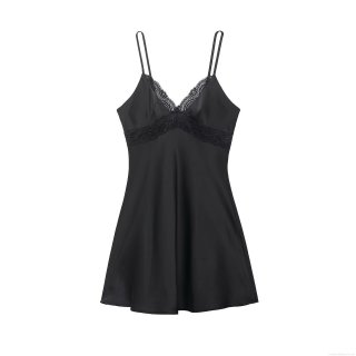 Sexy Black Lace Splicing Mini Slip Dress Satin Deep V Neck Sleeveless Adjustable Strap Camisole Dress For Women Party Dating Clubwear Elegant Nightwear