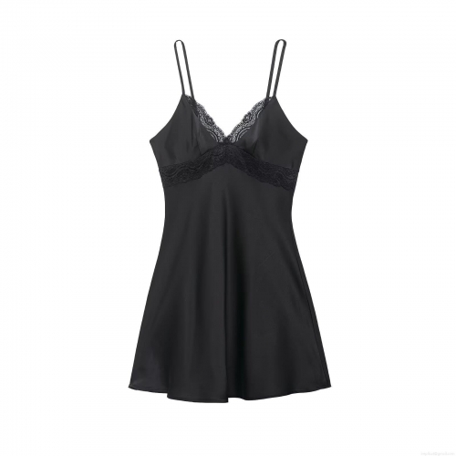 Sexy Black Lace Splicing Mini Slip Dress Satin Deep V Neck Sleeveless Adjustable Strap Camisole Dress For Women Party Dating Clubwear Elegant Nightwear