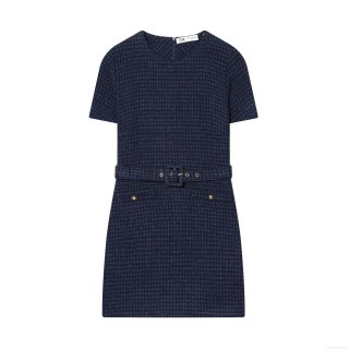 Women Elegant Tweed Mini Dress Short Sleeve Round Neck With Belt Textured Short Gown Casual Office Party Wear For Lady
