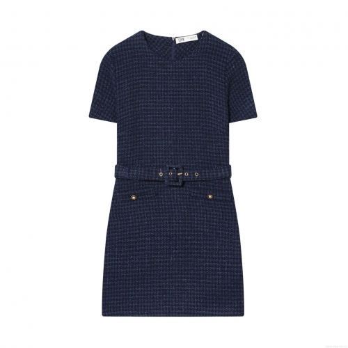 Women Elegant Tweed Mini Dress Short Sleeve Round Neck With Belt Textured Short Gown Casual Office Party Wear For Lady