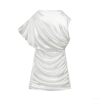 Women's Sexy One Shoulder Metallic Ruched Mini Dress Bodycon Mesh Draped Party Club Elegant Silver Cocktail Sleeveless Short Dress