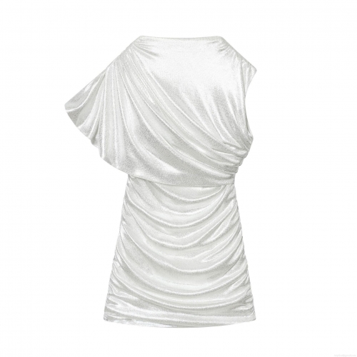 Women's Sexy One Shoulder Metallic Ruched Mini Dress Bodycon Mesh Draped Party Club Elegant Silver Cocktail Sleeveless Short Dress