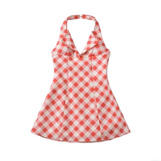 Women Vintage Red Gingham Halter Mini Dress Sexy V-Neck Backless A-Line Polyester Sleeveless Retro Party Picnic Summer Sundress Fashion Clothing