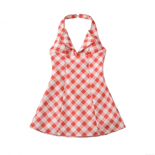 Women Vintage Red Gingham Halter Mini Dress Sexy V-Neck Backless A-Line Polyester Sleeveless Retro Party Picnic Summer Sundress Fashion Clothing