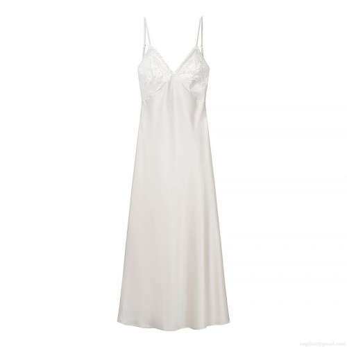 Women's Sexy Satin Slip Dress With Lace Stitching V-Neck Backless Cross Straps Long Nightgown Elegant Sleeveless Party Maxi Dress