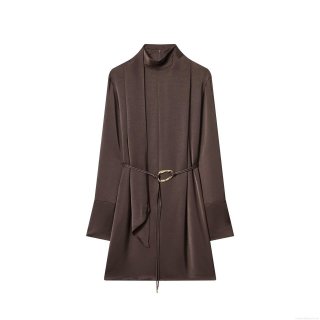 Women Elegant Satin Long Sleeve Mini Dress With Metal Buckle Belt High Neck Scarf Streamer Solid Color Socialite Bodycon Dress For Party Dating